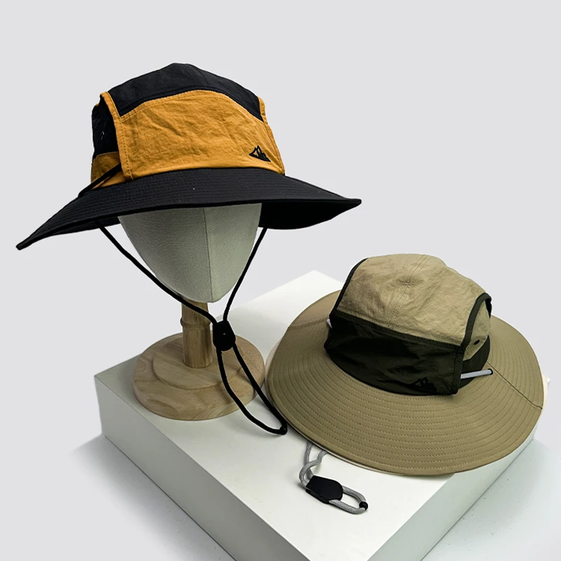 New Unisex Quick Drying Retro Bucket Hats Color Block Sunshade Outdoor Breathable Drawstring Casual Alpine Cap Versatile Fashion