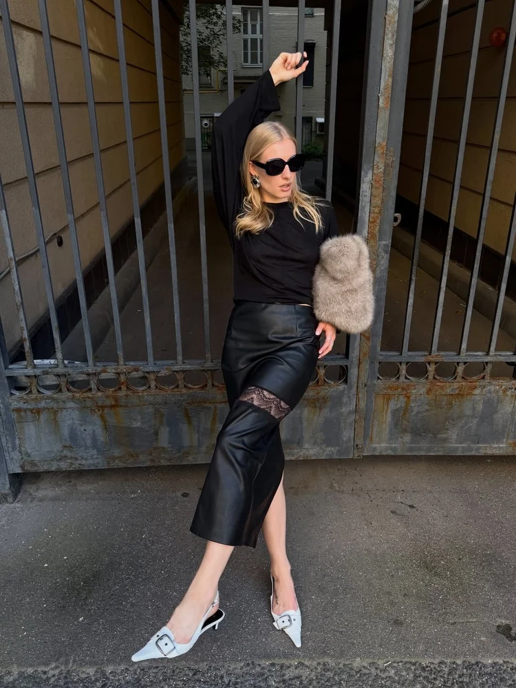 Tossy Women's Faux Leather Midi Skirt High Waist Lace Panel Pencil Side Slit Casual Daily Streetwear Soft PU Solid Skirt 2026