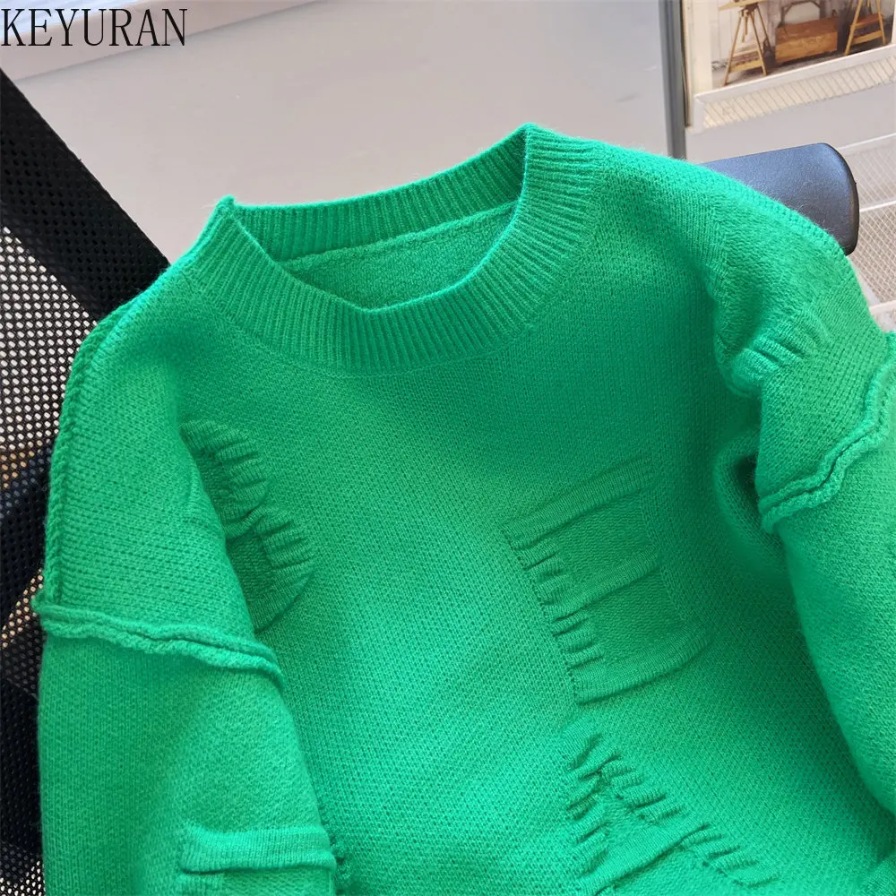 Knitted Pullovers Sweater Women\'s Autumn Winter Long Sleeve Casual Solid Green Crew Neck Loose Oversize Sweaters Female Jumper