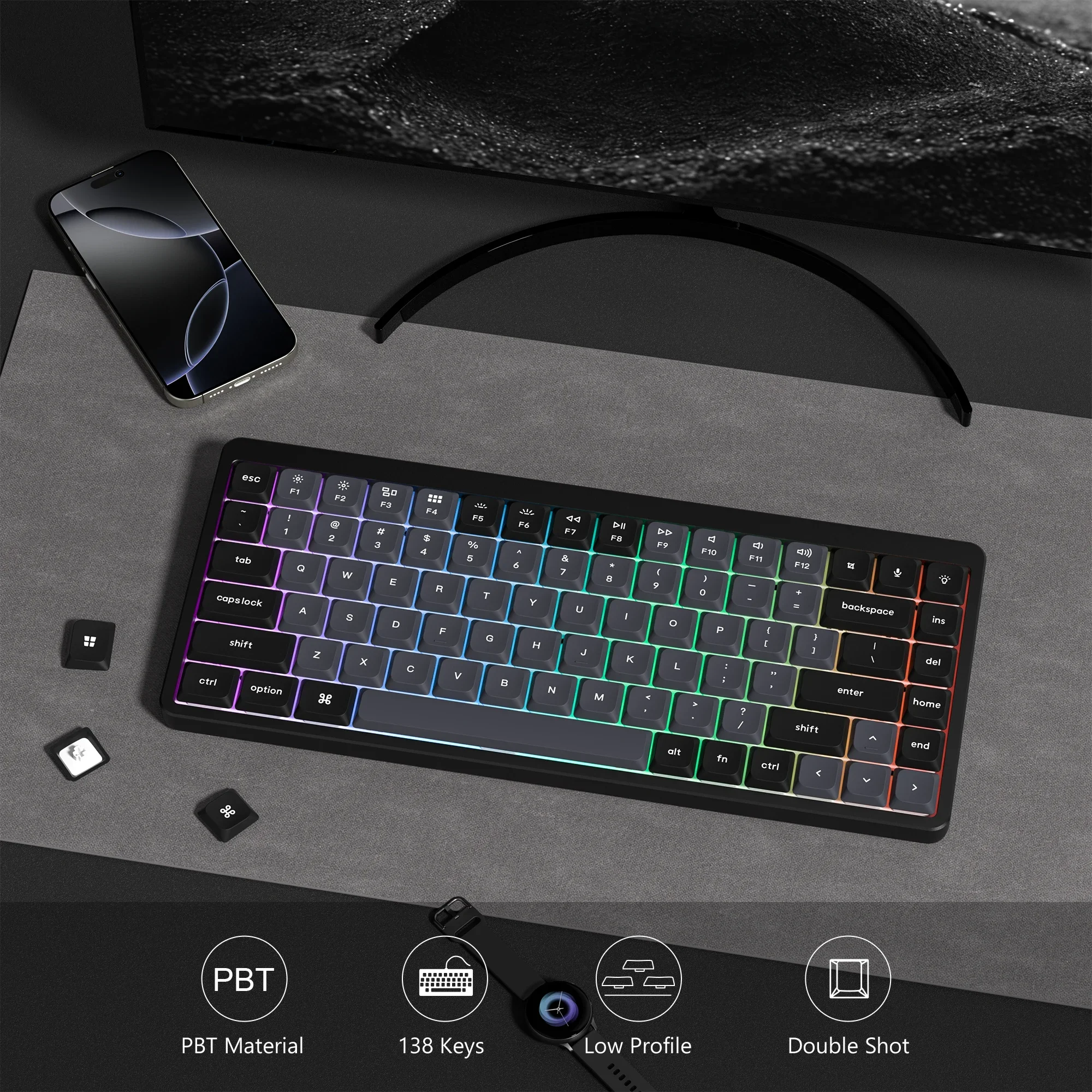 138 Tombol Keycap PBT Profil Rendah Keycap MX Ramping Double Shot Kustom untuk Keyboard Gaming Sakelar Mekanis Gateron Cherry MX