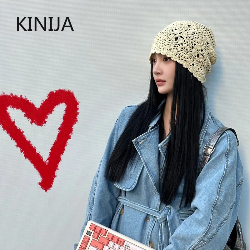 Handmade Crochet Hollow Head Japan Knit Cap Spring Summer Retro Casual Turban Fashion Melon Mesh Hat Pullover Hat Breathable
