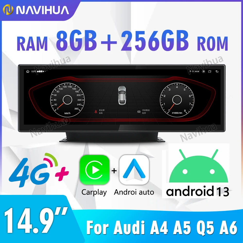 

Navihua 14.9 inch 3K Screen Android Car Radio GPS Navigation Multimedia Auto Head Unit Car DVD Player for Audi A4 A5 Q5 A6