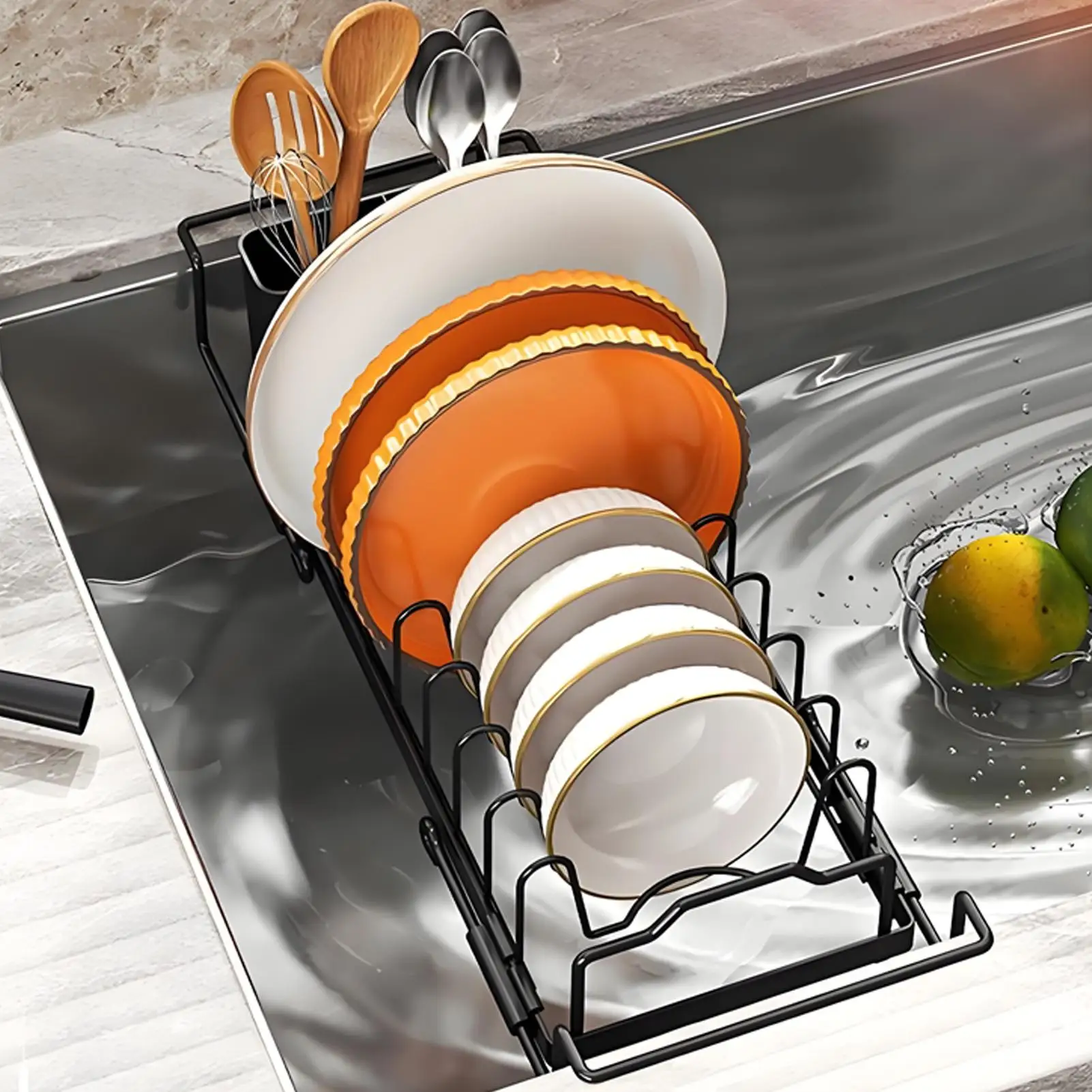 

Dish Drying Rack Retractable Sink Drain Rack Adjustable Non-Slip Drainer Organizer for Apartment RV Counter Kitchen Pot Pan Baby
