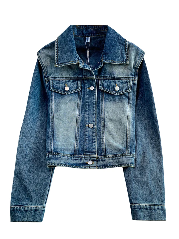 레트로 아메리칸 블루 워시드 데님 칼라 재킷 숏 아우터웨어 여성용 가을 겨울 루즈 슬림핏 탑 버튼 클로저