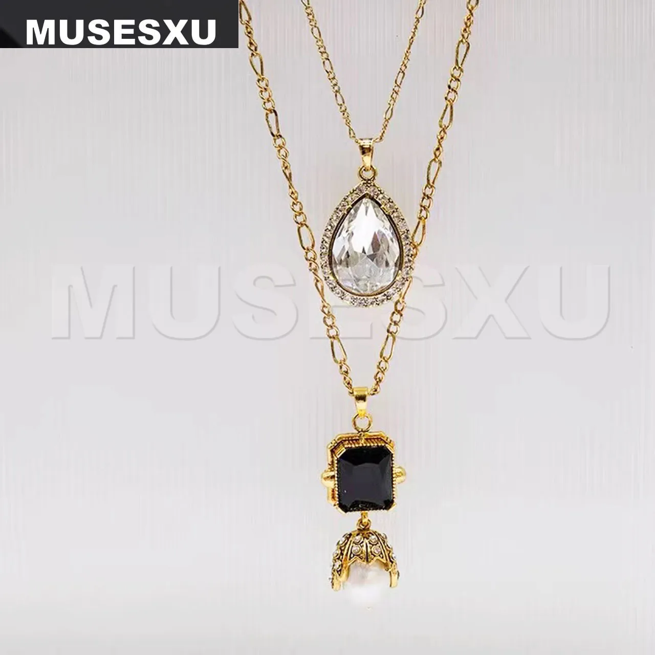 Jewelry & Accessories Luxury Retro Brand Black Zircon & Pearl Pendant Double Layer Necklace For Party Gifts