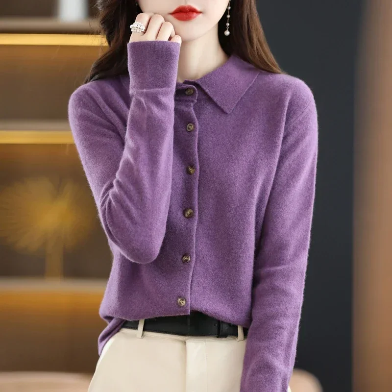 

Spring and Autumn Polo Collar Knit Shirt Women's Lapel Cardigan Imitation Cashmere Sweater Long Sleeve Formal Knitting Top