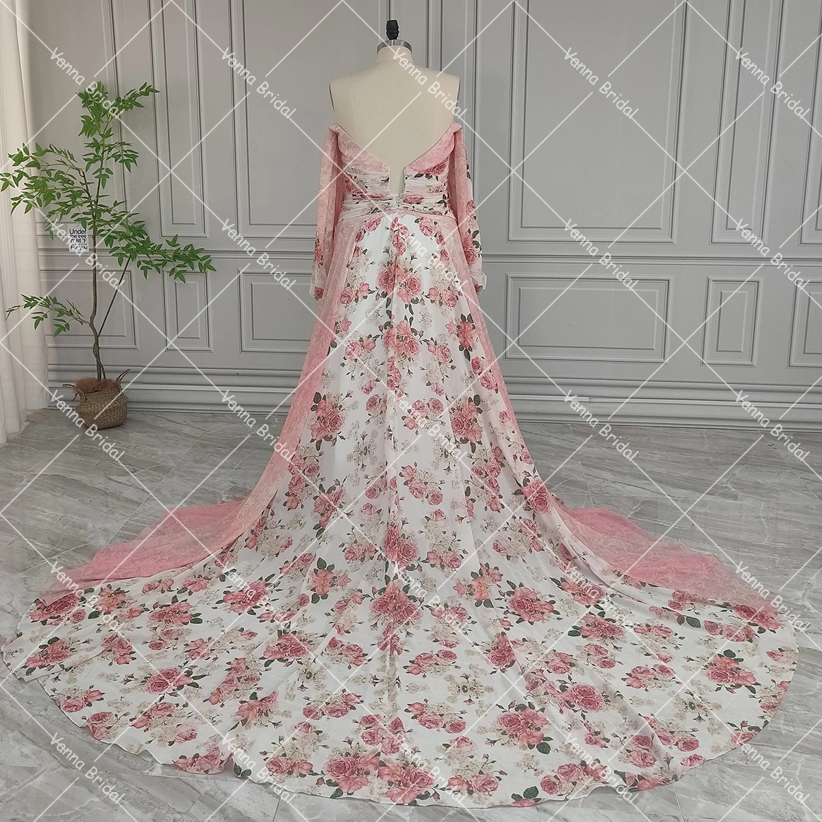 Vestido de novia de gasa fruncido con estampado Floral y mangas largas abullonadas, vestidos de novia bohemios de estilo bohemio rosa con recorte bajo personalizado