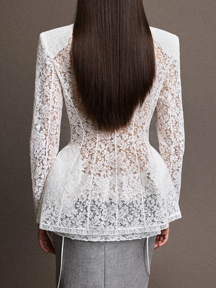 TWOTWINSTYLE Fit Lace Spliced Mesh Fashion Jacket for Women Round Neck Long Sleeve Patchwork Sheer Casual Jackets Female Style