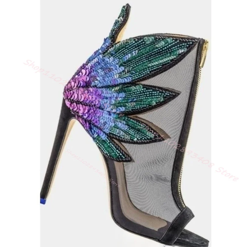 Air Mesh Glitter Decor Sandal Boots Zipper Flower Decor Peep Toe Stiletto High Heels Women Summer Shoes 2023 Zapatos Para Mujere