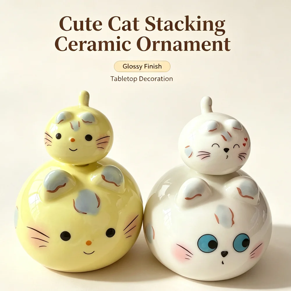 Cute Double Layer Cat Ceramic Figurine, Hand Painted Desktop Ornament, Home Tabletop Decor, Creative Craft Gift
