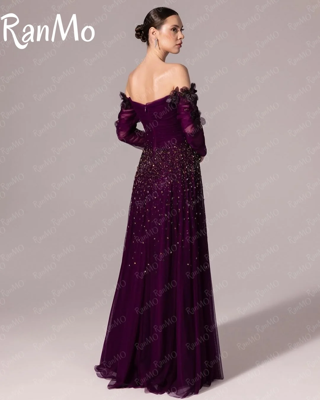 Ranmo 2025 Vestidos de fiesta de manga larga personalizados Cariño Plisado Listones Flores Hasta el suelo Vestidos de fiesta Vestidos de noche