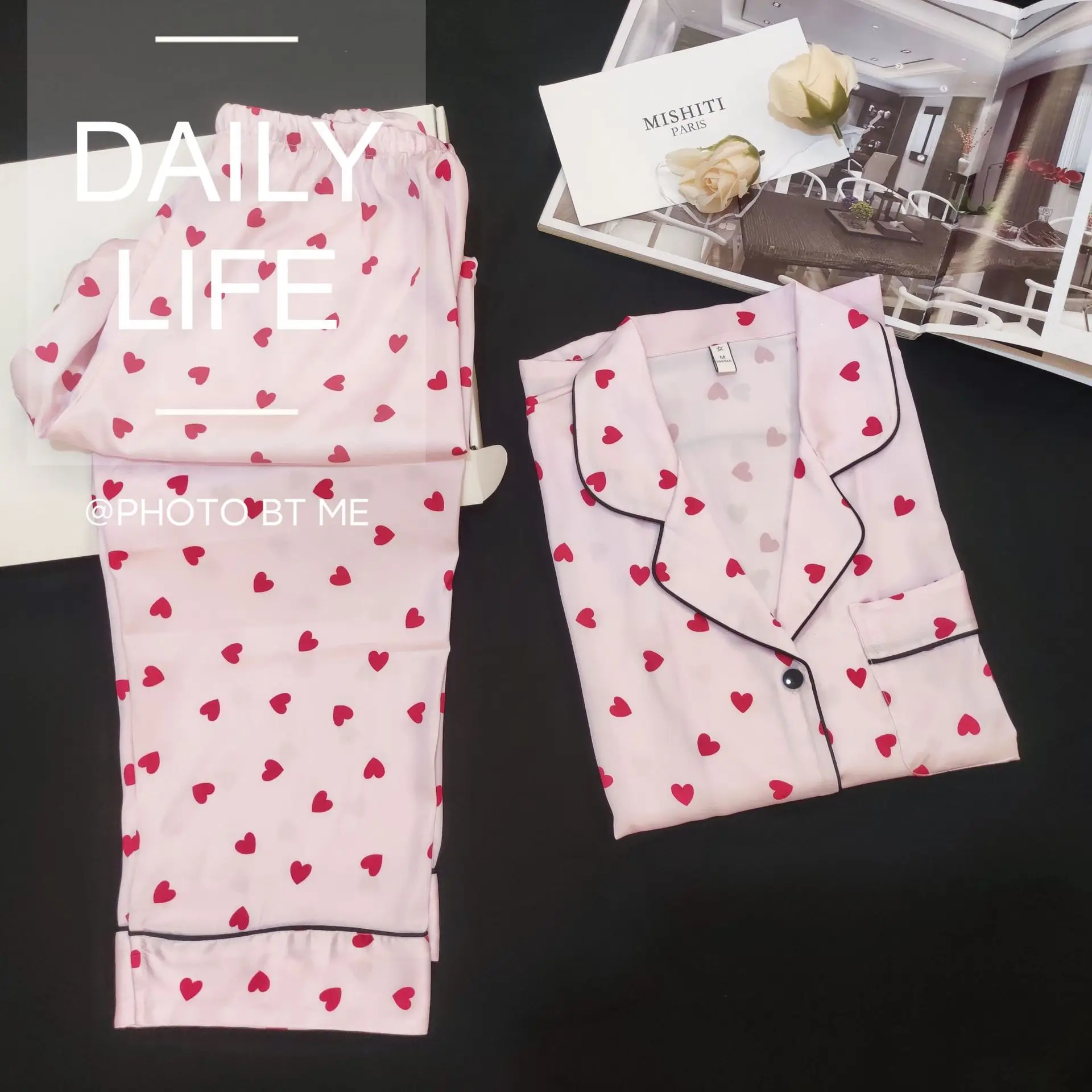 

Pink Heart Pajamas Women's XL Large Size Button Down Cardigan Long-sleeved Trousers 2PCS Set Home Clothes Sleepwear Nightwear