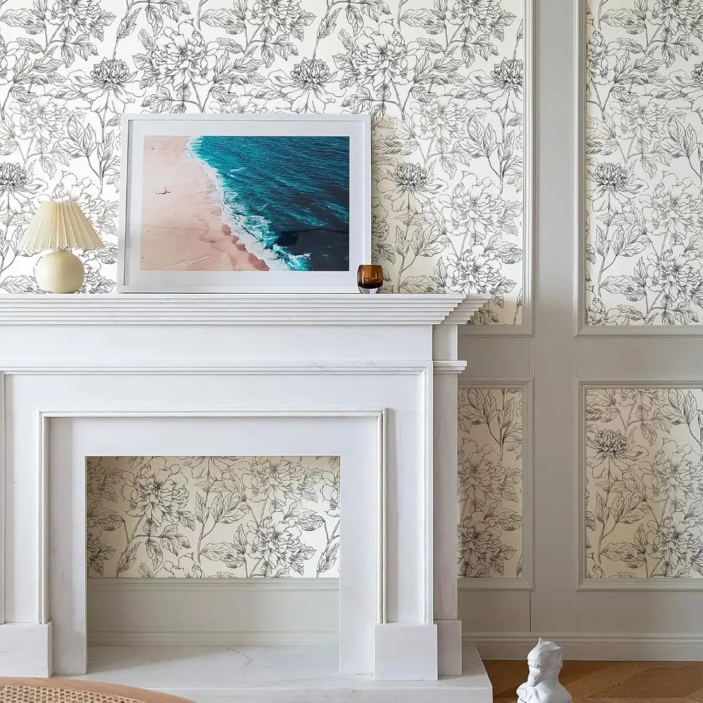 ورق جدران قابل للإزالة بالزهور باللونين الأبيض والأسود، مقاس 17.3 × 800، تصميم الفاوانيا المطلي لسهولة تزيين الجدران