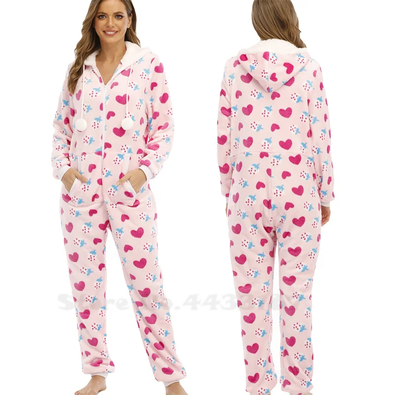 Flannel Christmas Animal Print Jumpsuit Pajamas Lounge Wear Autumn Winter Female Onesies Sleepwear Coral Fleece Hooded Home Wear