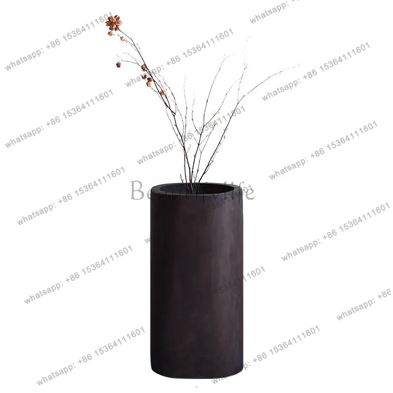 Wabi-sabi dried flower flooring device, retro solid wood vase decorative ornament