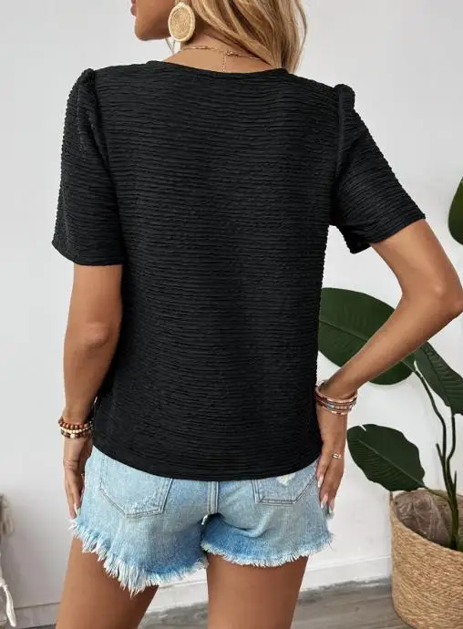 

2025 Bow Decoration T-Shirt Summer Women's Casual Texture Knitted Top Elegant Solid Color Deep V-Neck Slim Fit Short Sleeved Top