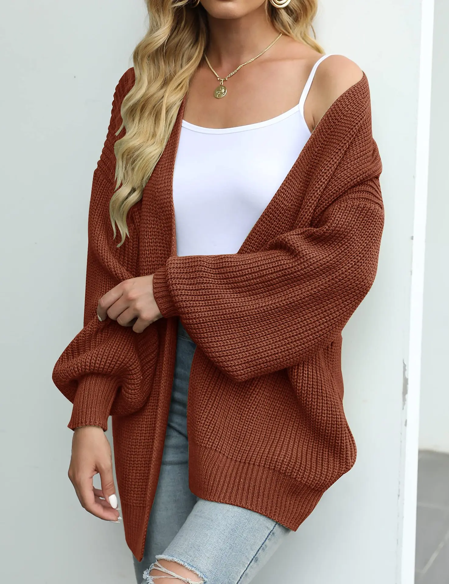 Women\'s lantern sleeve thick needle cardigan 2024 autumn and winter new item solid color pocket knitted sweater women\'s coat