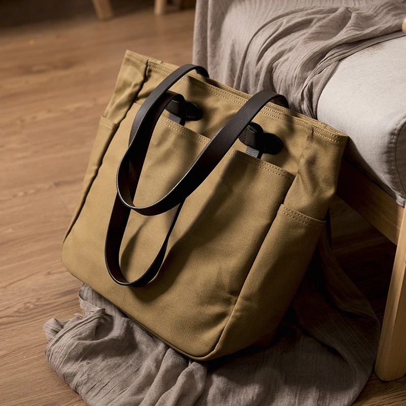 Top Retro thick oil wax canvas men\'s single shoulder slung tote bag Women large capacity Business school Laptop handbag