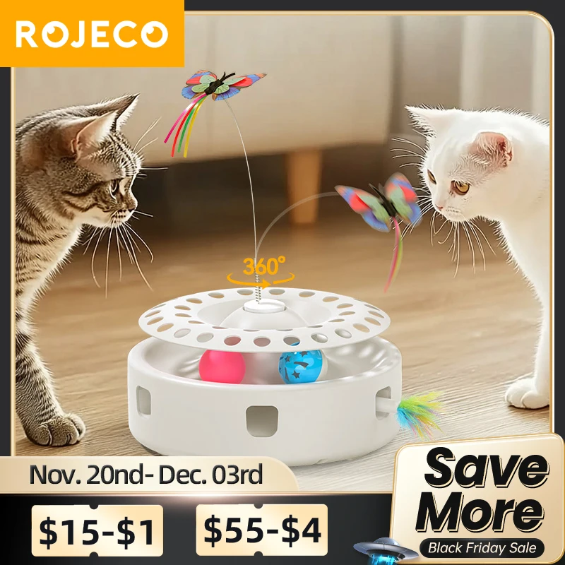

ROJECO Automatic Cat Toys 3 in 1 Wireless Kitten Toy With Cat Teasing Stick Ambush Feather Track Ball Adjustable Interactive Toy