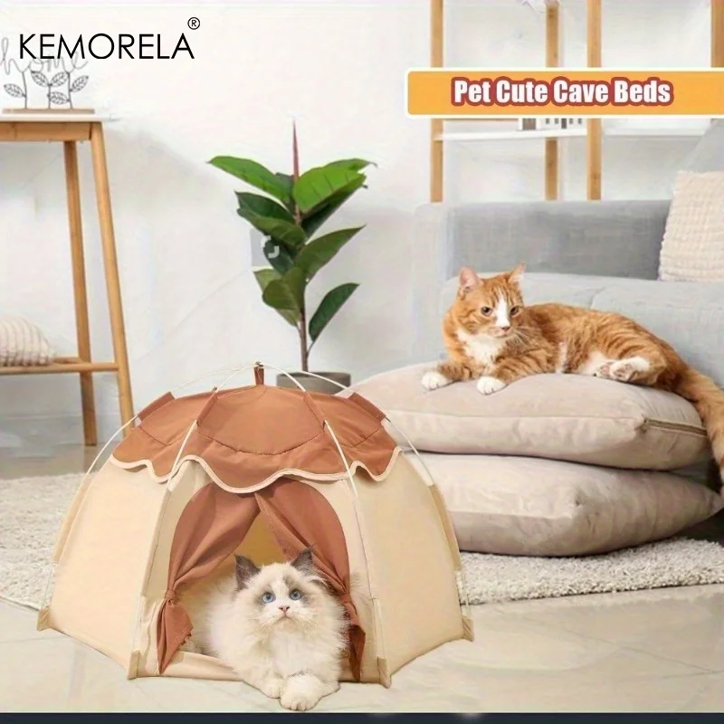 Washable Semi-Enclosed Large Cat Bed - Retro Style Synthetic Fiber Pet Tent for Cats and Small Dogs Suitable for All Seasons