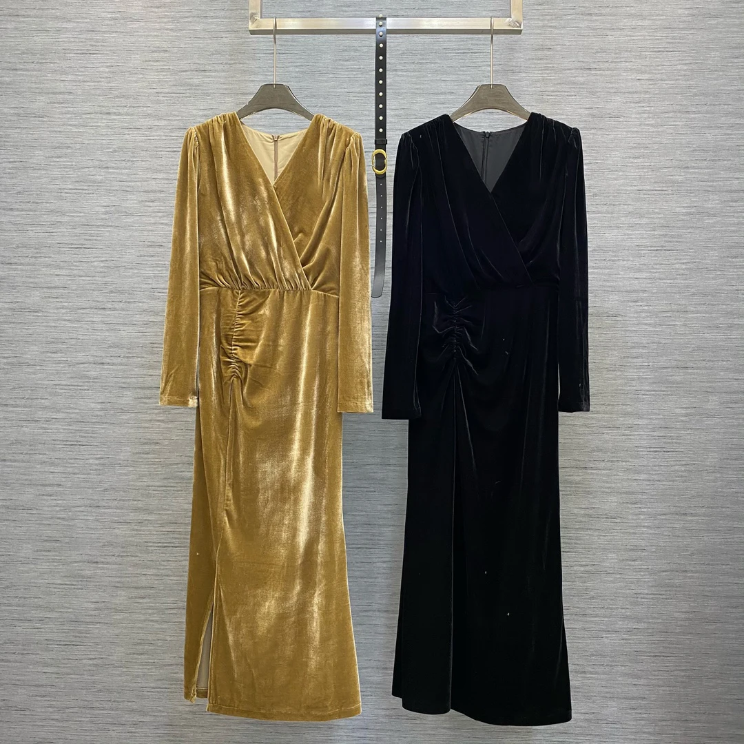 

2024 Women's Clothing High quality velvet heavily scrunched long dress with side slits Spring Summer New No.46