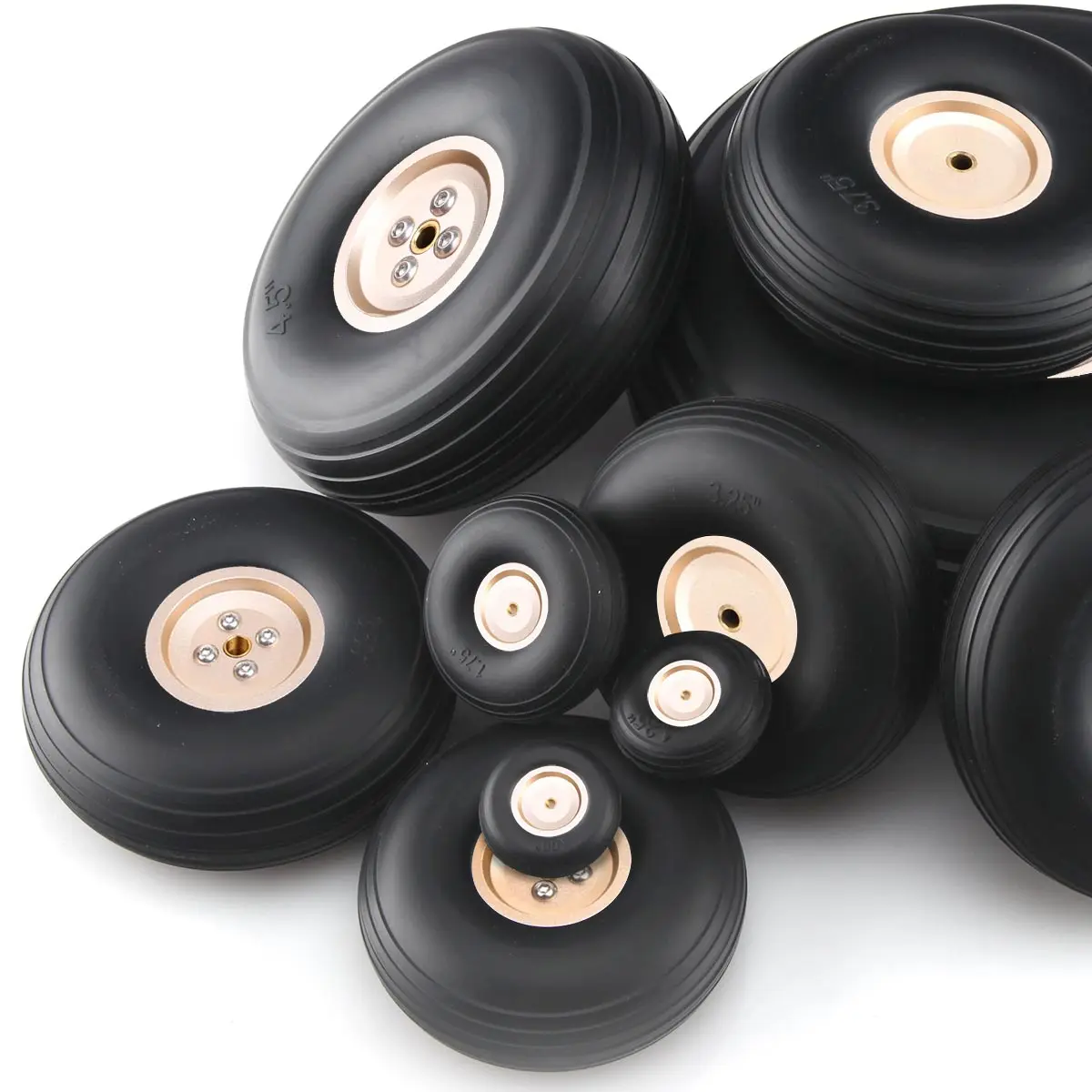 1 Pair 1/2/3/4/5/2.25/3.5/3.75 inch PU Wheels w/Golden Frosted Aluminum Hub for RC Tools Plane