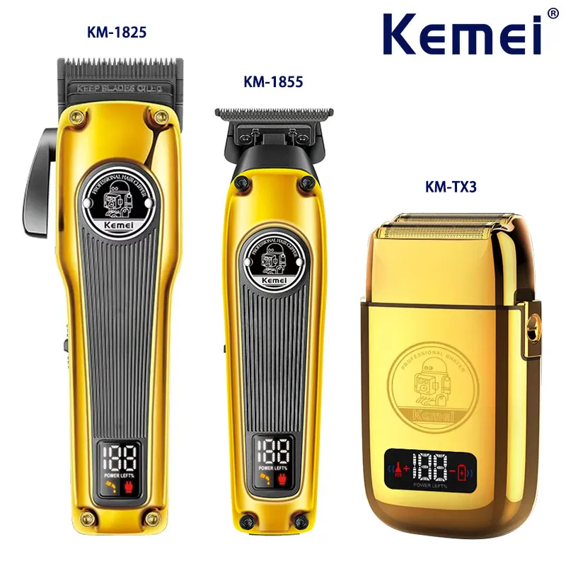 Kemei KM-1825 KM-1855 KM-TX3 Professional Cordless Hair Clipper Beard Trimmer Men Electric Shaver Hair Trimmer Gold Grooming Set