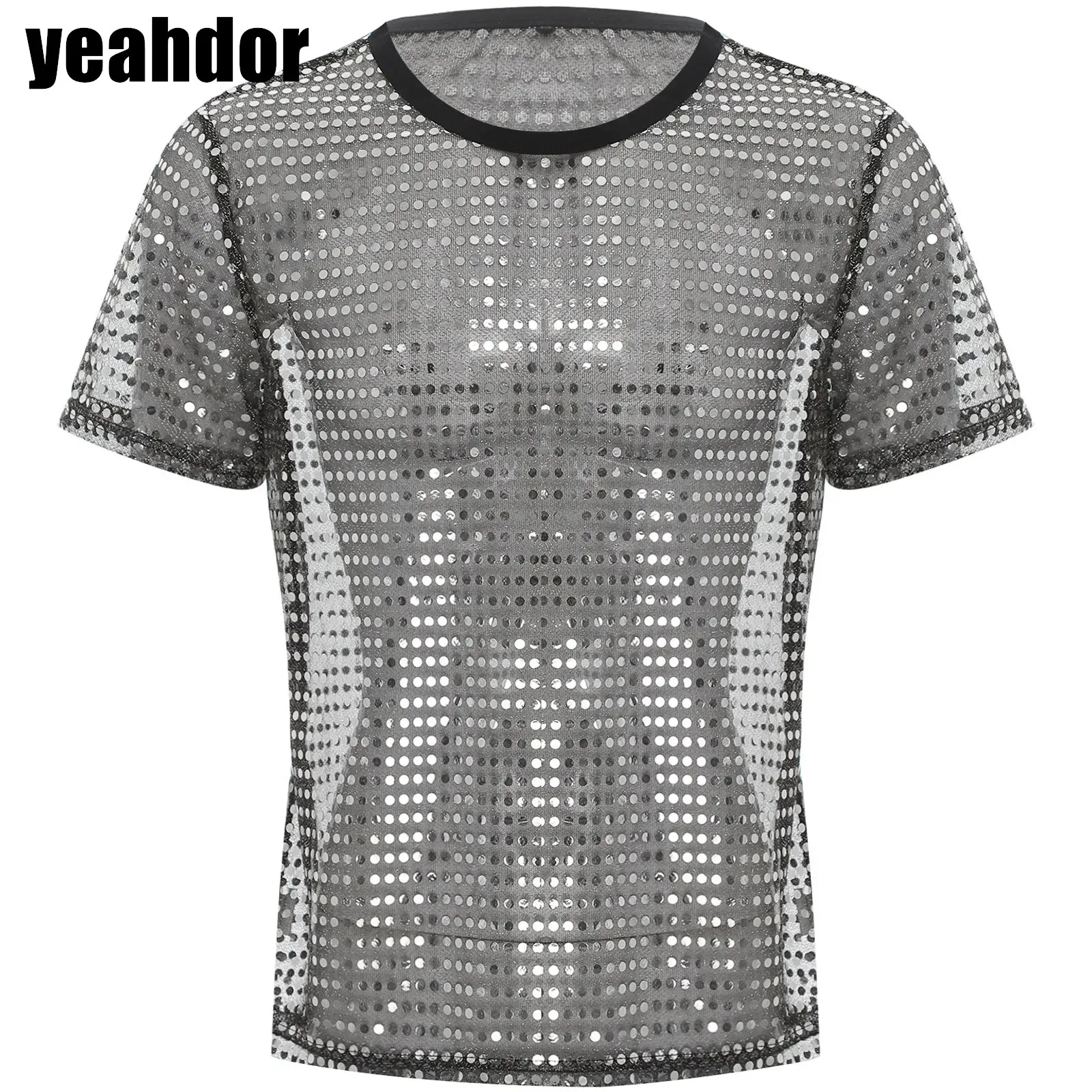 

Shiny Sequin Disco T-shirt for Mens Mesh Round Neck Short Sleeve Blouse See Through Sheer Tee Top for Club 70s Disco Party