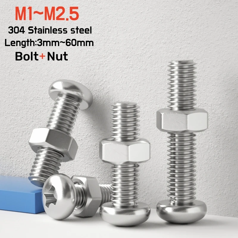 M1 M1.2 M1.4 M1.6 M2 M2.5 Mini dadi a testa tonda Phillips Combinazione di viti a testa cilindrica in acciaio inossidabile 304 Set di dadi esagonali