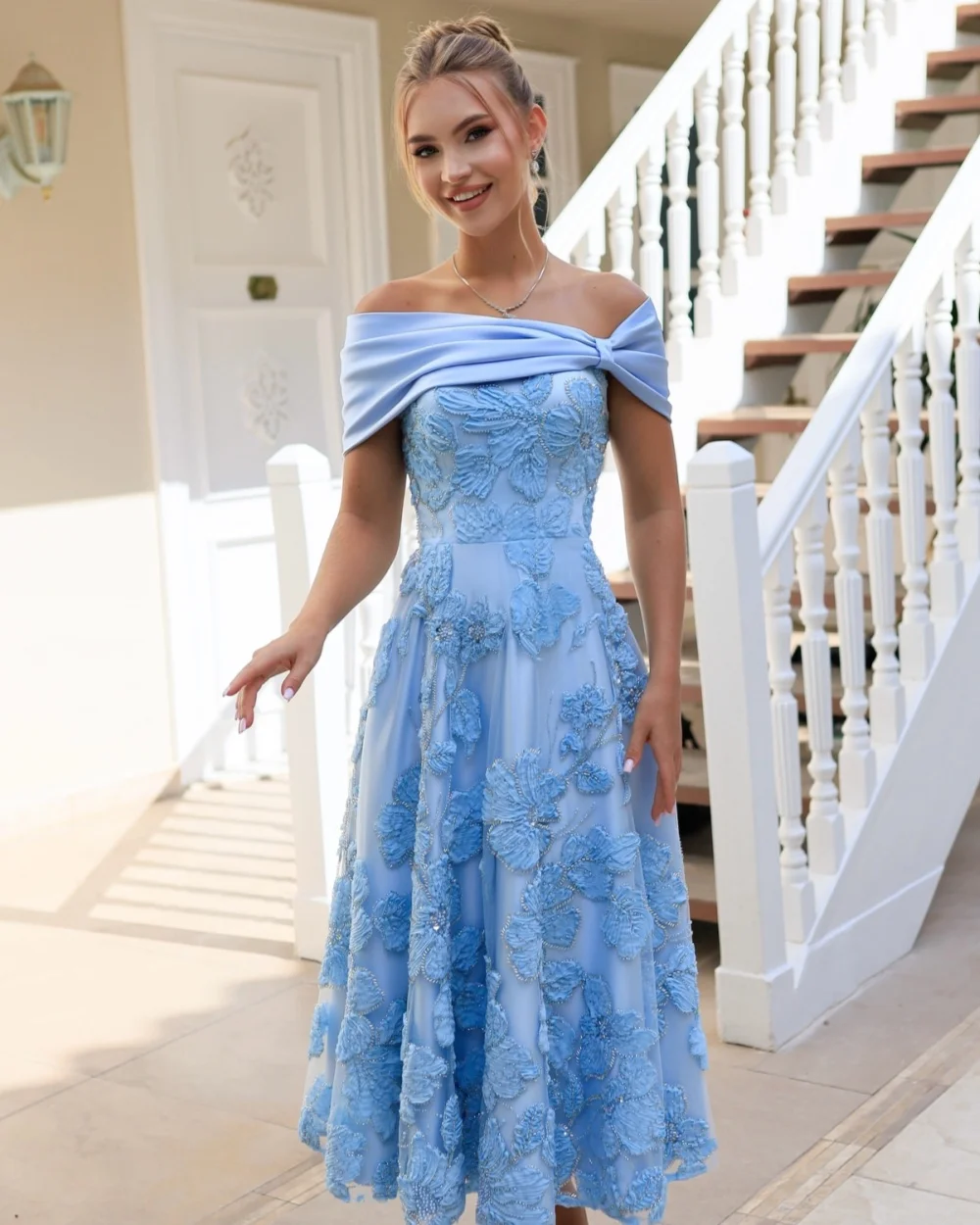 

Customized Formal Elegant Handmade Flower Sequined A-line Off-the-shoulder Ankle Length Dresses Bespoke Occasion Dresses Classic