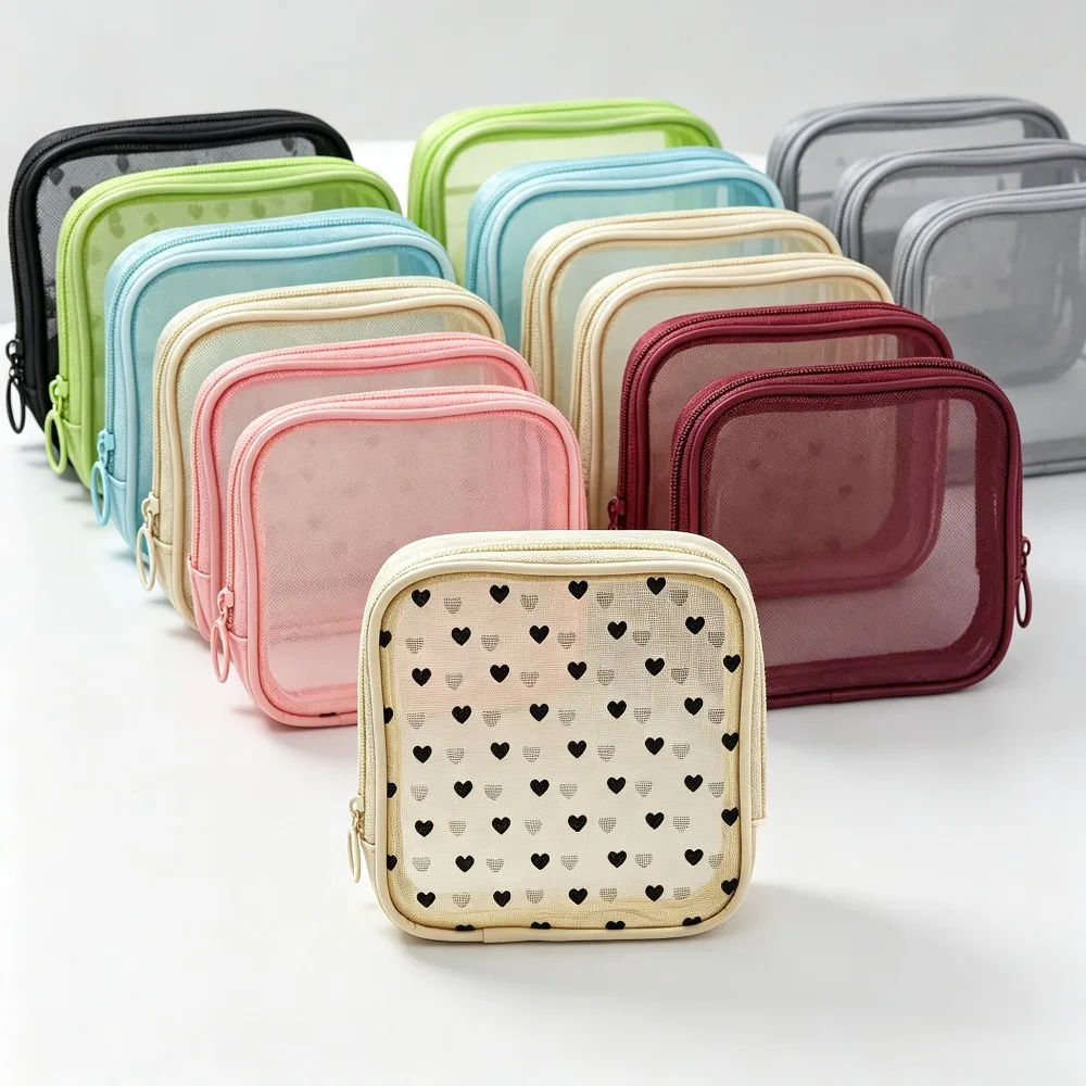 Kawaii Square Mesh Cosmetic Pouch , Portable Zipper Coin Wallet, Travel Storage Bag for Lipstick Earphone Data Cable