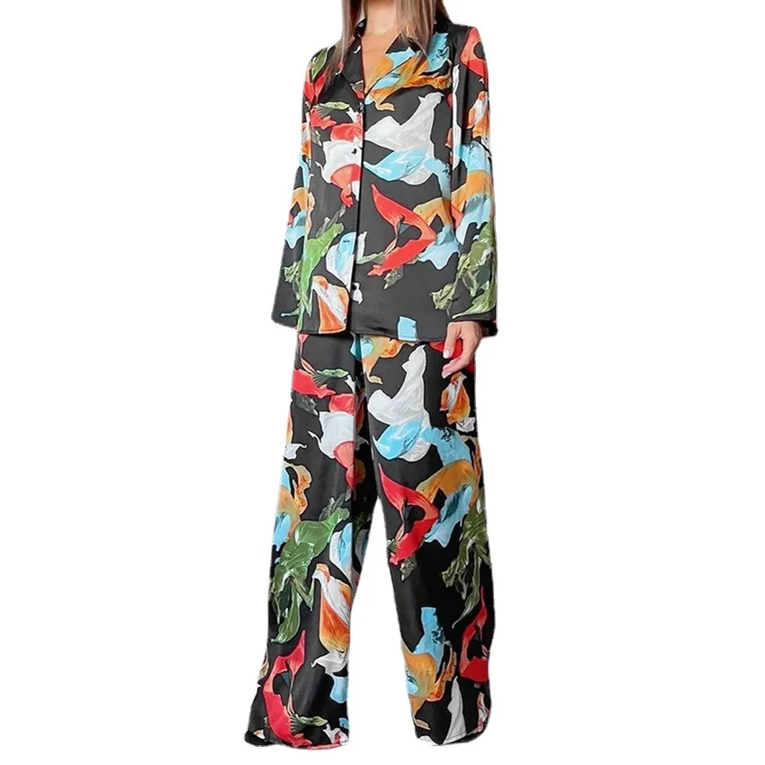 Autumn Printed Pajamas Loose Long-sleeved Trousers Suit Casual Ladies Home Clothes Thin Pyjama Pour Femme Sexy Sleepwear 2 Piece