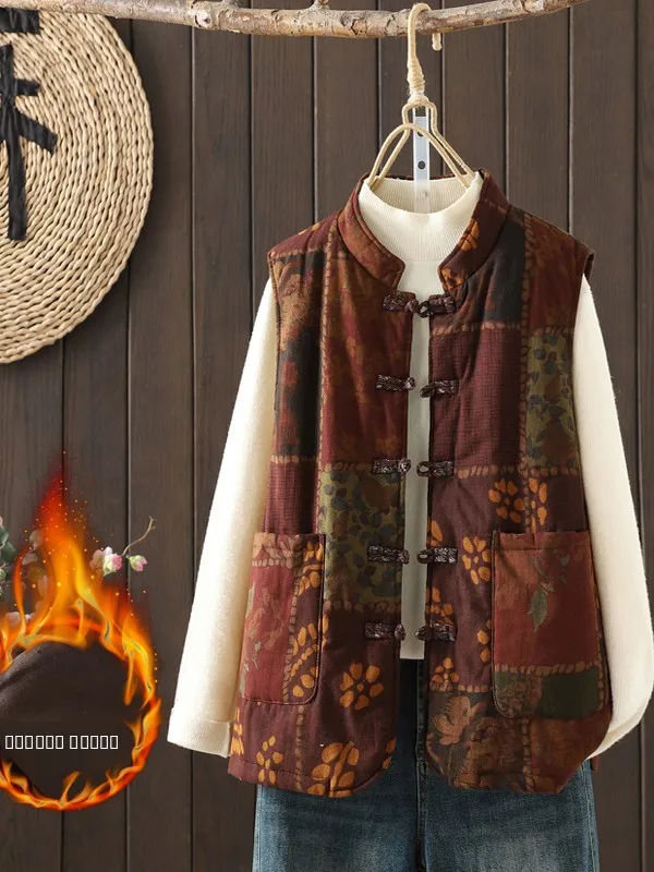 

Artistic Vintage Chinese Sle Women's Cotton Linen Print Button Jaet Vest Autumn Winter Outerwear Thiened Silk Cotton Fi...
