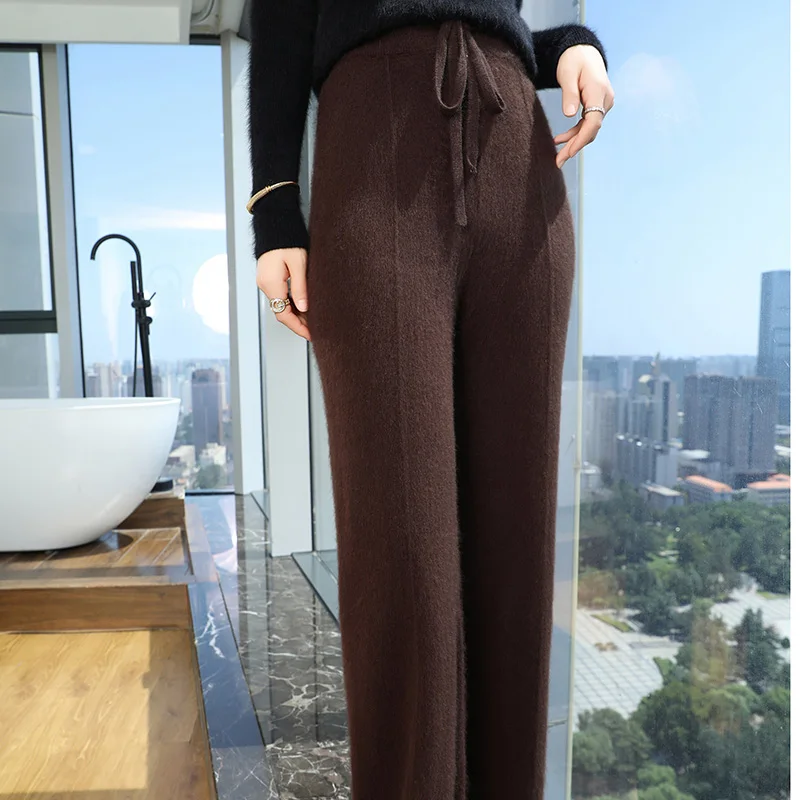 

Women's 100% Mink Cashmere Wide Leg Pants Simple Style Elasticated Waist Trousers Autumn Winter Cashmere Pants Soft Warm Comfy