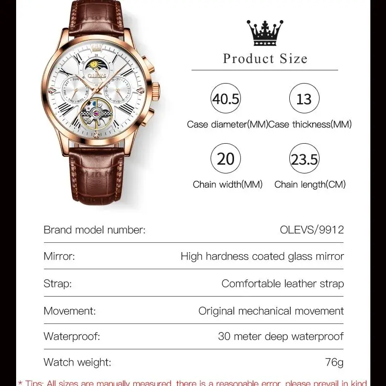 OLEVS التلقائي ساعة اليد الميكانيكية للرجال ، حزام من الجلد مقاوم للماء ، توربيون ساعة الهيكل العظمي ، والأزياء التجارية ، وأعلى الفاخرة