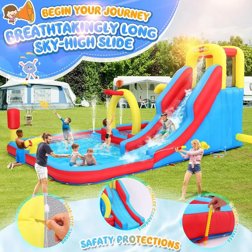 Iatable Water Slide Obstacle Course for Kids Backyard Blow Up Water Park with 3 Intctive Aqua Hurdles, Deep Pool with Sp