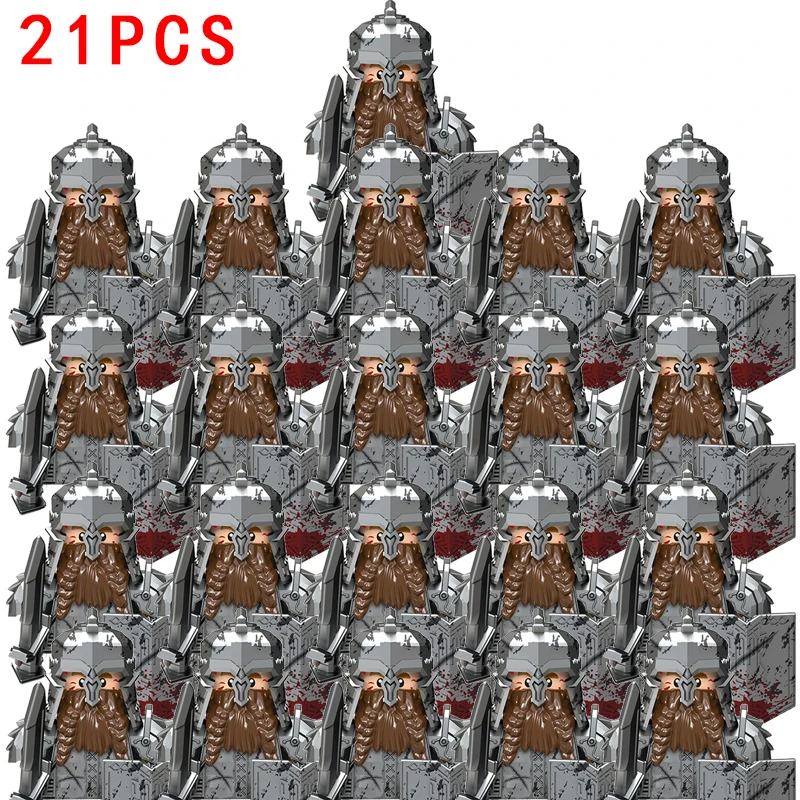 21pcs/lot Medieval Gimli Knights Dwarf Soldiers Mini Ation Figures Building Blocks Armor Shield Weapon Toys For Kids