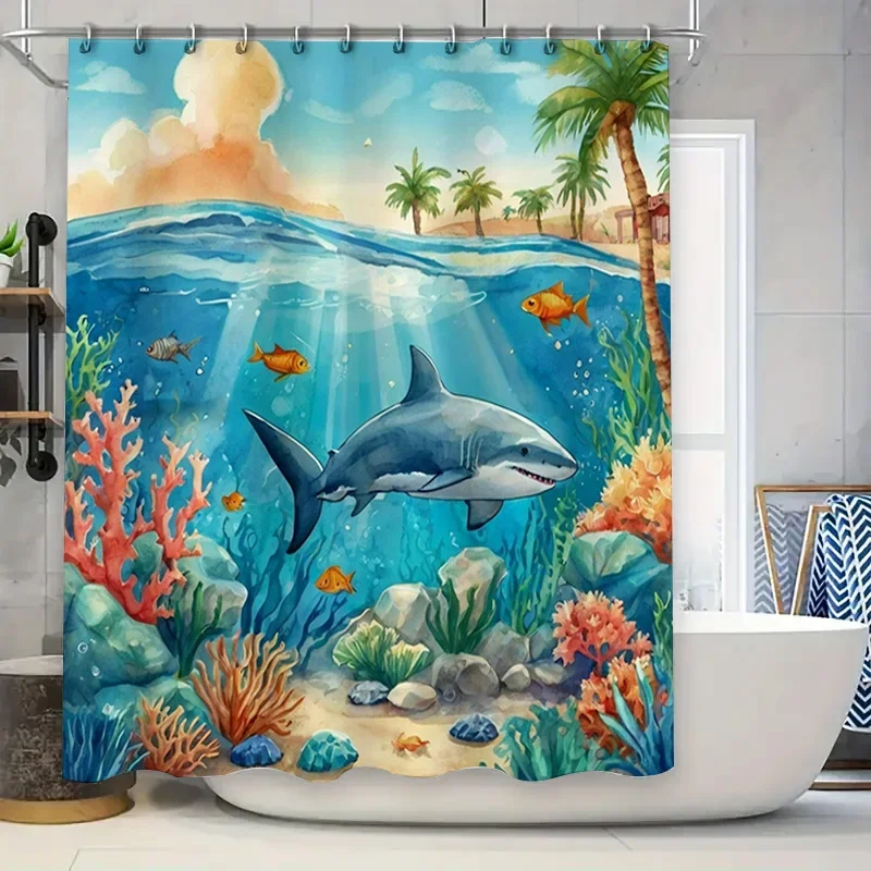 

Занавеска для душа «Подводный рай», синий кит, коралловый риф, дизайн для декора ванной комнаты