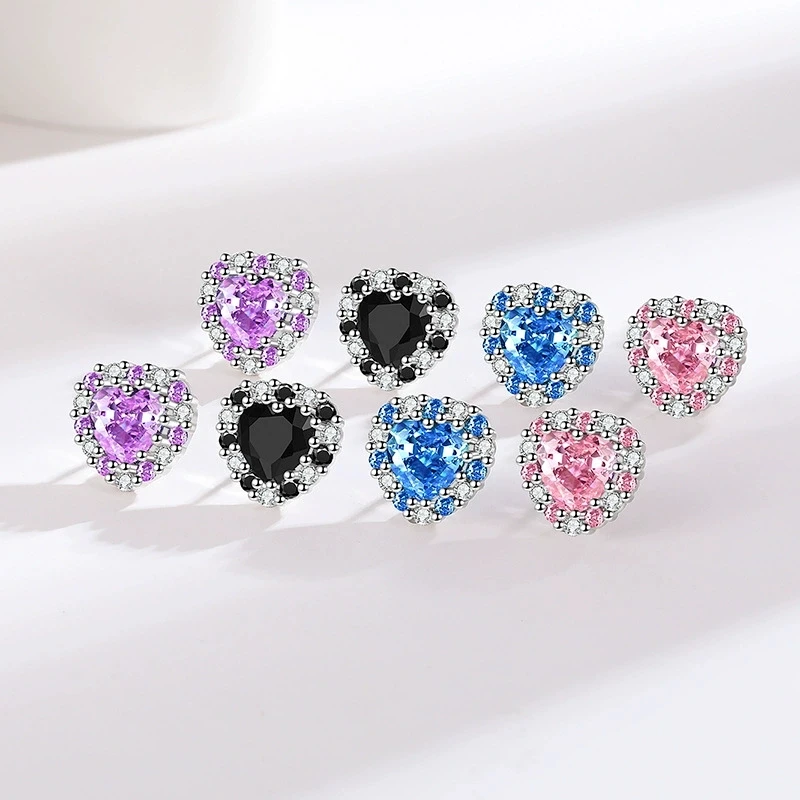 سحر الأزرق الوردي الأرجواني الأسود الزركون الحب القلب وأقراط للنساء فضية اللون الإناث الأذن الصغيرة ترصيع مجوهرات الزفاف #1