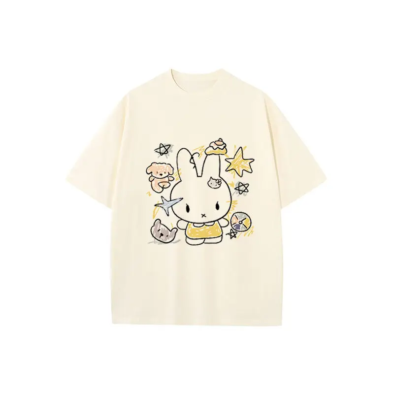 

Футболка Kawaii Miffy ​ ​ Милый мультяшный кролик граффити Легкий Гонкон Ретро ​ ​ Негабаритный повседневный топ для молодежи, тренд уличной одежды унисекс