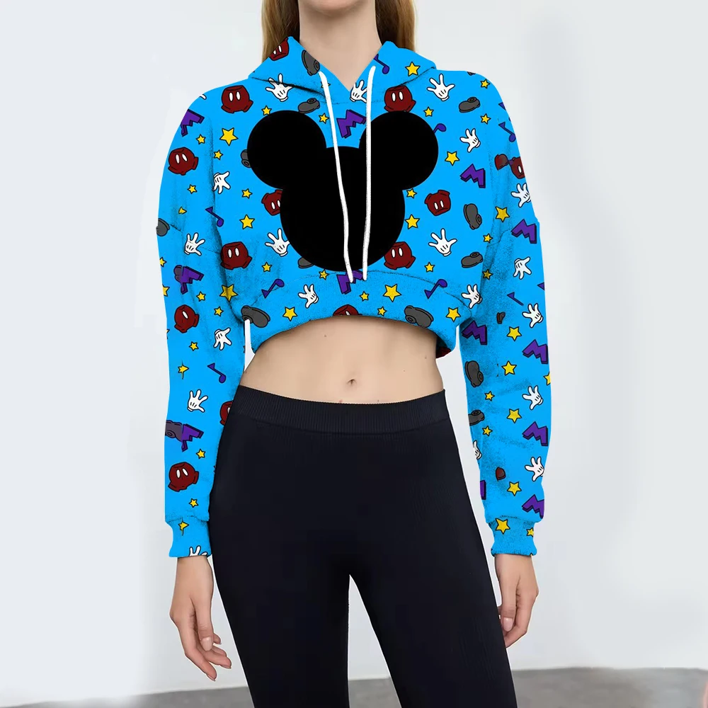 

Spring and Autumn American Disney Mickey Mouse print Contrasted Shoulder Long Sleeve POLO Collar Hoodie Women's Short Top Trendy