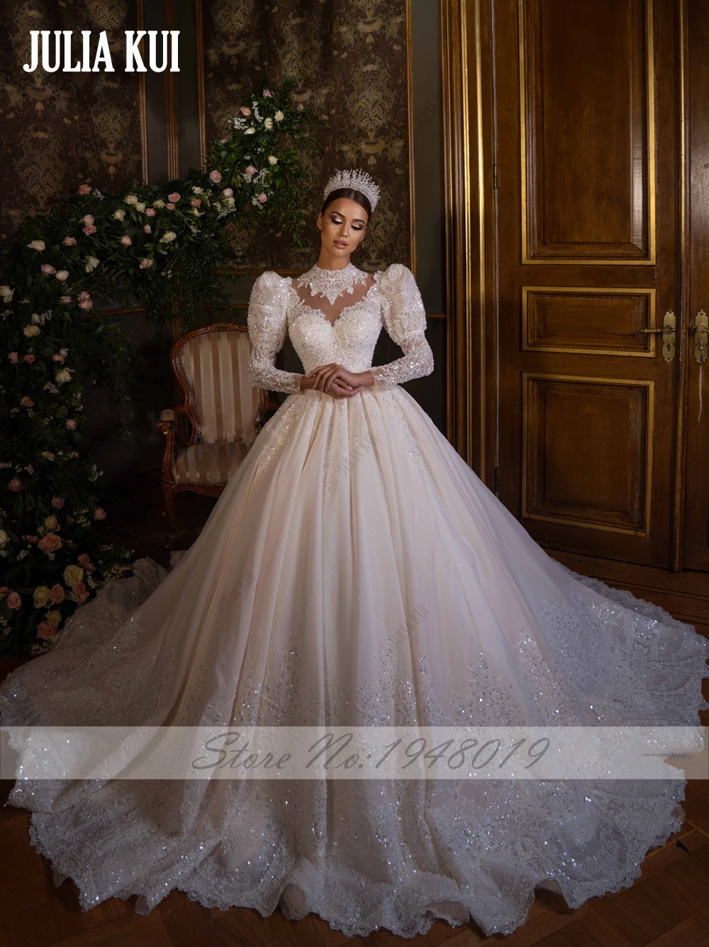 Julia Kui sur mesure luxe perles paillettes broderie dentelle robe de bal robes de mariée col haut manches longues jupes de mariée