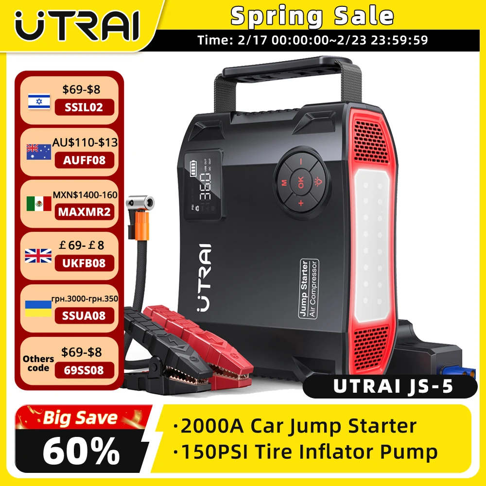 UTRAI 4 In 1 2000A Jump Starter Power Bank 16000mAh 150PSI Air Compressor Tire Pump Portable Charger Car Booster Starting Device