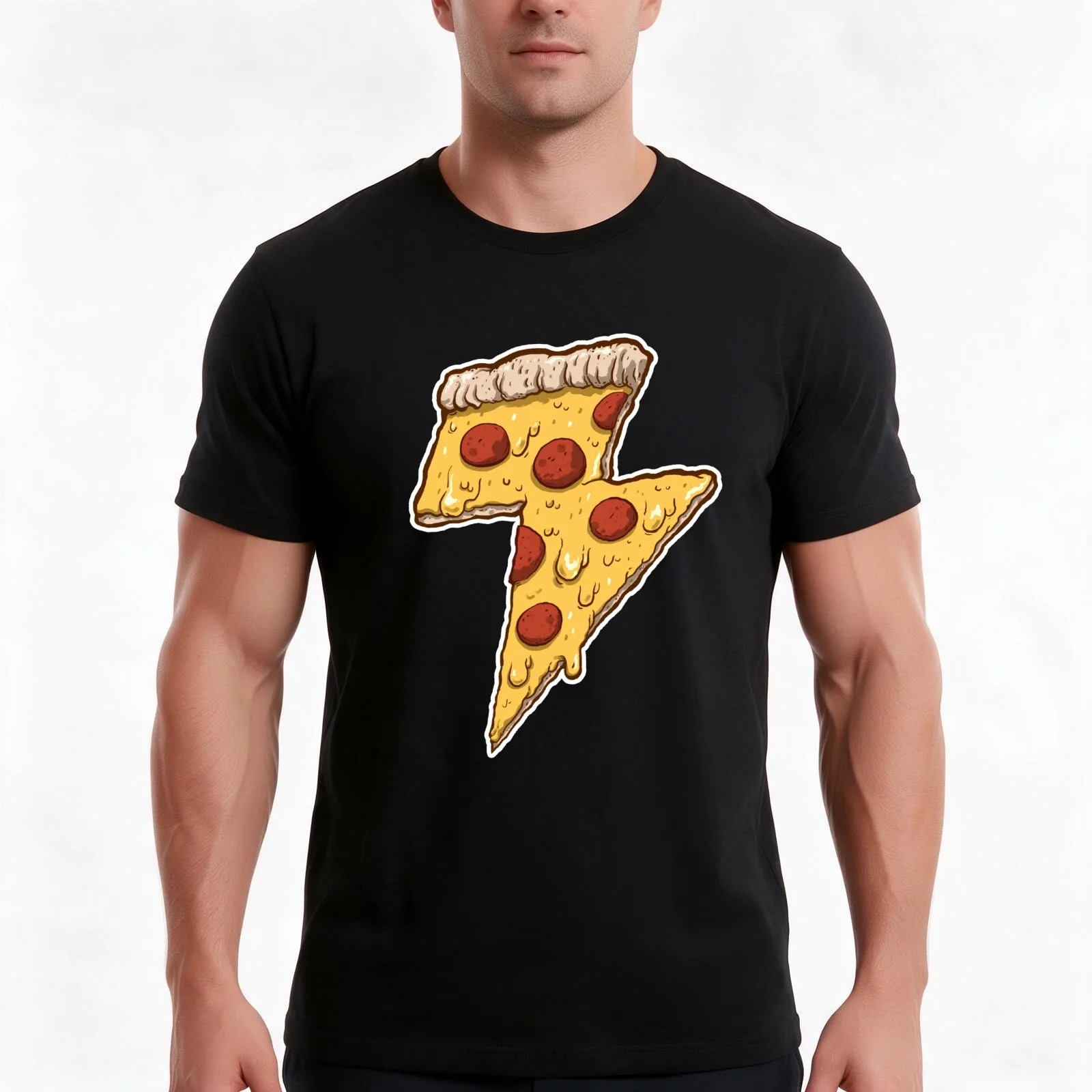 Thunder Cheesy Pizza T-Shirt, Summer Casual Cotton Tee, Oversized Streetwear Tops, Vintage Graphic Print, Loose Fit Short Sleeve