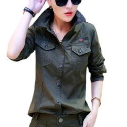 Military Style Women Army Green Embroidery Long Sleeve Shirt 2023 Spring Turn Down Collar Casual Shirts With Epaulets