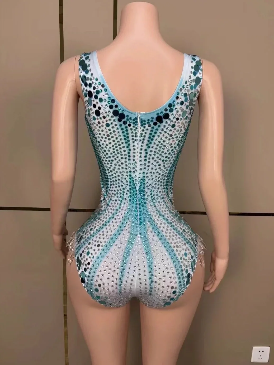 Flashing Sequins Diamonds Crytrals Blue Sexy Bodysuit Evening Party Performance Costume Bar Nightclub Singer Dancer Stage Wear