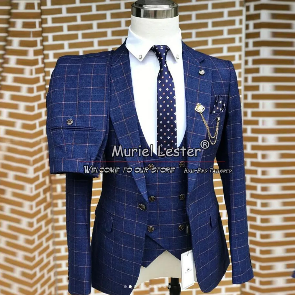 

Blue Plaid Checked Business Suits Slim Fit Single Breasted Prom Blazer Formal Party Banquet Evening Dinner Groom Party Tuxedos