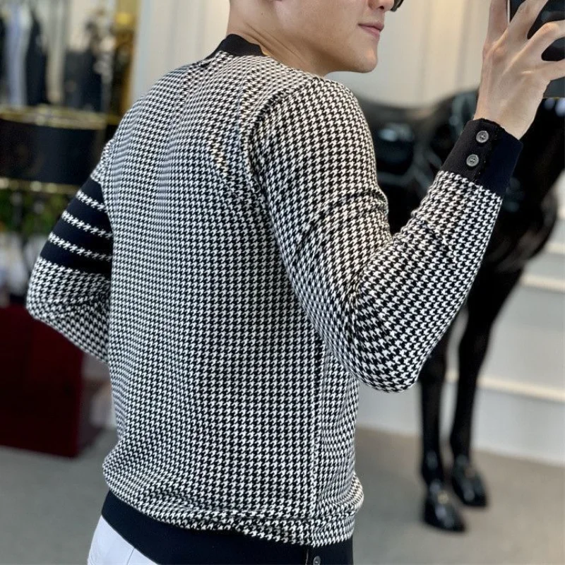 أزياء رجالي Houndstooth جولة الرقبة البلوز مزدوجة الوجهين المخملية الدافئة أعلى #4