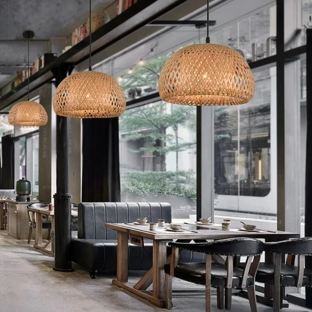 Modern Handmade Bamboo Chandelier Restaurant Coffee Shop Natural Rattan Wick E27 LED Pendant Lamps Indoor Lighting Decoration