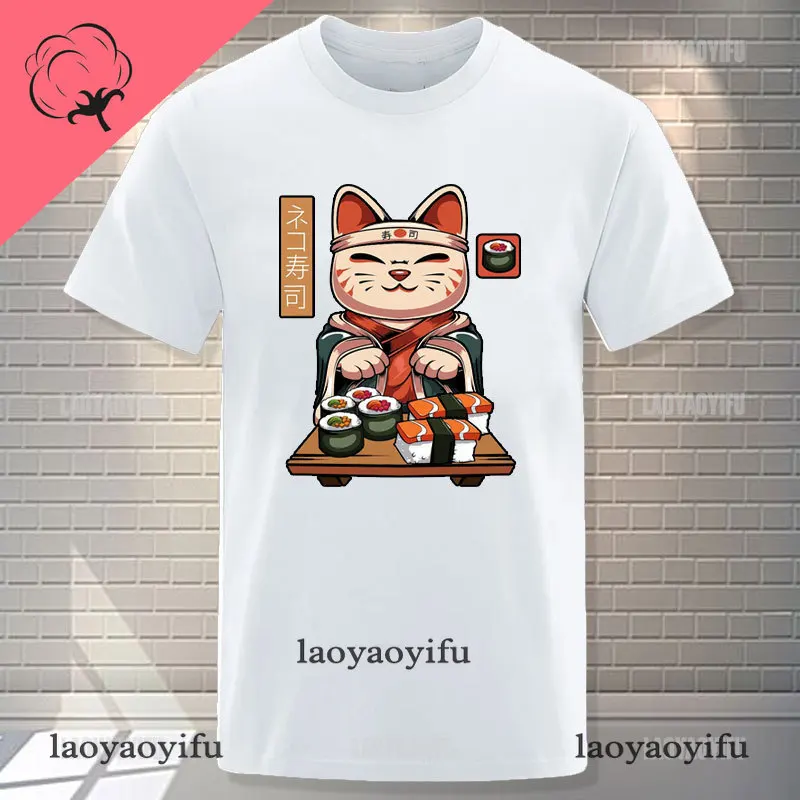 Kawaii Japan Sushi Chef Cat Cartoons Men T shirt Summer Loose Clothes Street Cotton T Shirts Fashion T-Shirts Casual WomenTshirt